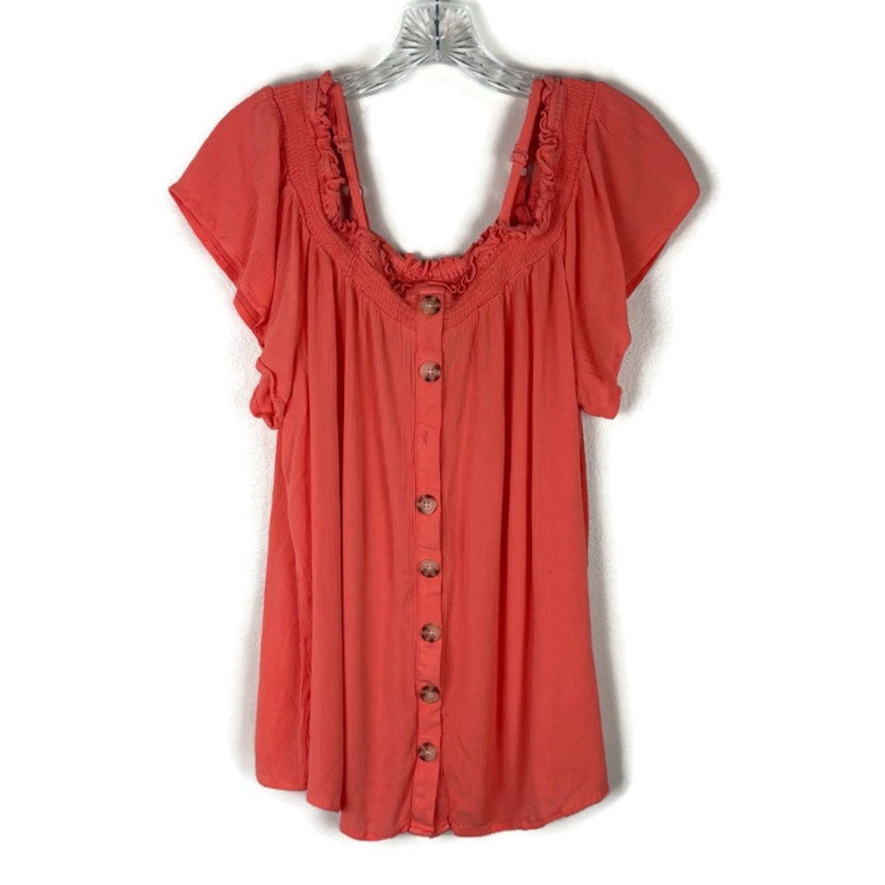 Torrid Rayon Crepe Smocked Cold Shoulder Top in Fusion Coral